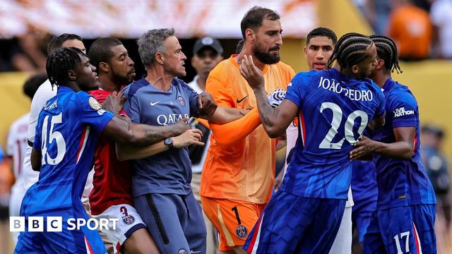 Luis Enrique and Joao Pedro clash after Chelsea's Club World Cup victory over Paris St-Germain
