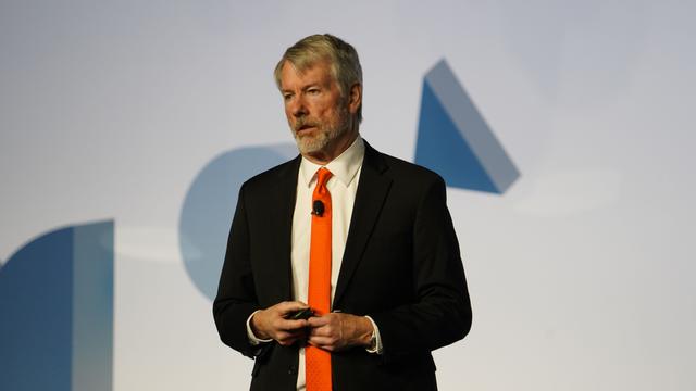 Strategy Executive Chairman Michael Saylor standing. (Nikhilesh De/CoinDesk))