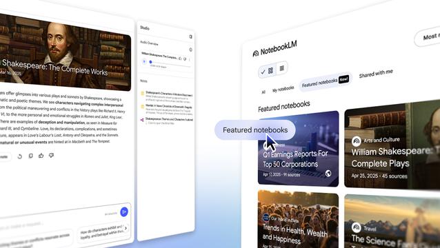 A digital interface displays "NotebookLM" with a detailed view of a Shakespeare notebook and a "Featured notebooks" section showcasing various topics like earnings reports and complete plays.