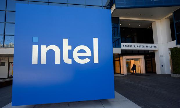 intel cube in front of intel headquarters with logo on front_Intel