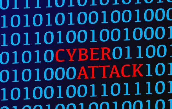 The words "cyber attack" are mixed in with a computer screen full of binary.
