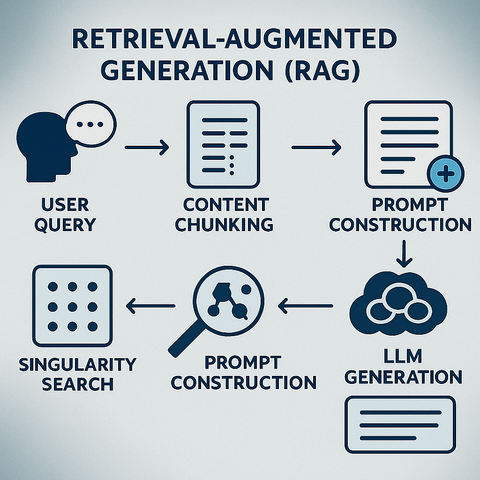 Infographic of Retrieval-Augmented Generation showing the six-step process: user query, content chunking, prompt construction, LLM generation, second prompt construction, singularity search.