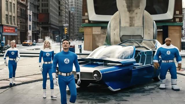 Joseph Quinn as Johnny Storm/Human Torch, Vanessa Kirby as Sue Storm/Invisible Woman, Pedro Pascal as Reed Richards/Mister Fantastic and Ebon Moss-Bachrach as Benjamin Grimm/The Thing in 'The Fantastic Four: First Steps' (2025)