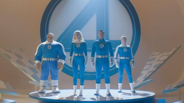 (L-R): Ebon Moss-Bachrach as Ben Grimm/The Thing, Vanessa Kirby as Sue Storm/Invisible Woman, Pedro Pascal as Reed Richards/Mister Fantastic  and Joseph Quinn as Johnny Storm/Human Torch in 20th Century Studios/Marvel Studios' THE FANTASTIC FOUR: FIRST STEPS. Photo courtesy of 20th Century Studios/Marvel Studios. © 2025 20th Century Studios / © and ™ 2025 MARVEL.