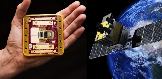 Combonation image of hand holding quantum chip and satellite in orbit