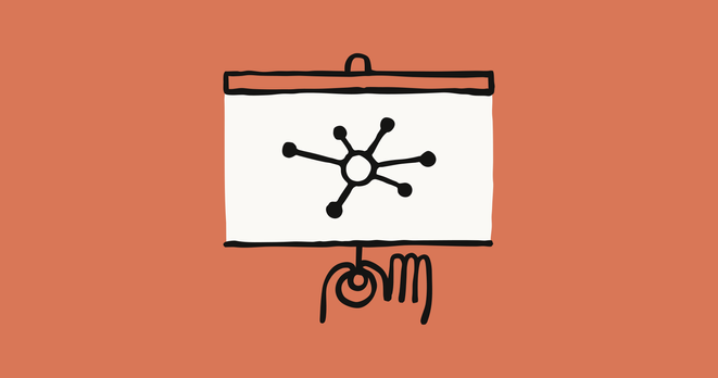 Hand with network visualization nodes and slides in presentation context