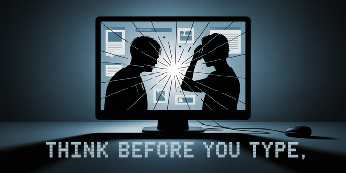 A conceptual advertisement illustrating the perils of online negativity, featuring a shattered computer screen as the central visual element, reflecting two distinct silhouettes – one contorted in anger, the other shaking their head in disappointment. The fractured screen subtly displays icons representing popular blogs and comment sections, creating a visual metaphor for the toxic nature of online discourse, bathed in cool, desaturated blue lighting to convey a sense of detachment and unease. Below the screen, faint, glitching text reads “"Think Before You Type,"" while the background fades into a dark, ambiguous gray, reinforcing the isolating and detrimental effects of online conflict. The overall aesthetic aims for a stark, minimalist style evocative of corporate social responsibility campaigns, subtly warning against the consequences of unchecked online behavior.