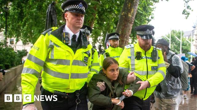 Several police officers in high-visibility jackets detain a handcuffed protester outdoors. The protester had been holding a placard supporting the Palestine Action group. The scene is set on a rainy day with trees and other individuals visible in the background.
