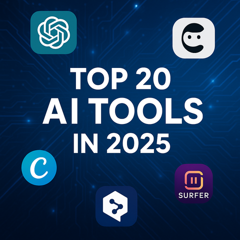 Hero image showing top AI tools in 2025 including ChatGPT, Claude, Canva, and DeepL icons over tech background