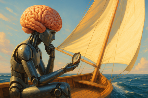 Digital rendering of a robot alone on a sailboat holding a compass. Represents challenges in generative AI writing continuity.