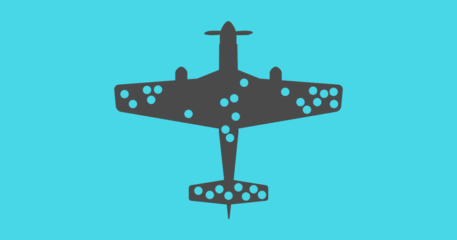 The silhouette of a World War II fighter plane. Empty holes are clustered around its wings, tail and behind the cockpit area.