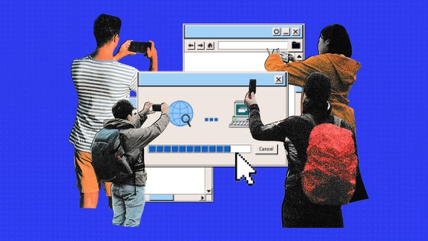 A digital collage showing smartphone users holding up their devices, against a loading screen for dial-up internet connectng, infront of a blue background.