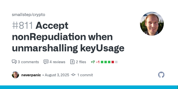 Name of feature:
Accepting NonRepudiation when unmarshalling keyUsage.
Pain or issue this feature alleviates:
Better user experience for users that are used to the old name (e.g., from OpenSSL, whi...