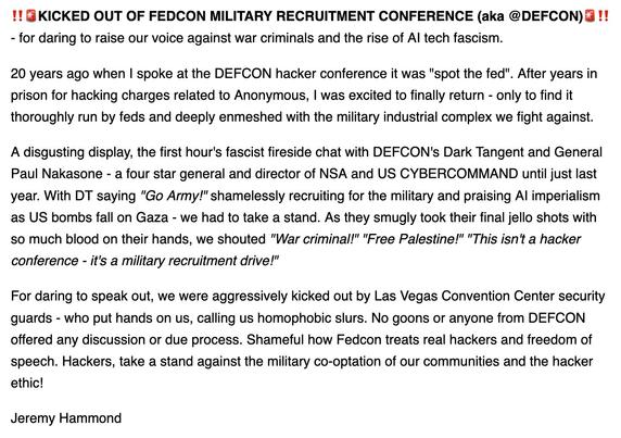 image of statement about being kicked out from DEFCON for calling out war criminals