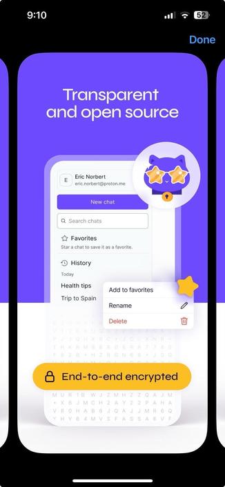 a screenshot of the iOS App Store, where Proton has falsely claimed both that Lumo is end-to-end encrypted and that it’stransparent and open source