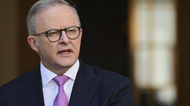 Australian Prime Minister Anthony Albanese speaks during a press conference at Parliament House in Canberra, Australia, Monday, May 5, 2025. (Lukas Coch/AAP Image via AP)