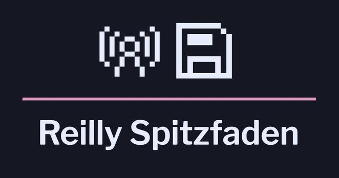 Pixel art of a radio tower and floppy disk, with sans-serif text reading 'Reilly Spitzfaden'
