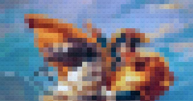 eine verpixelte Version eines historischen Gemäldes, auf dem ein Reiter auf einem Pferd sitzt, das die Vorderbeine in der Luft hat