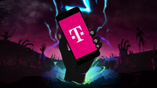 A hand holding a T-Mobile phone emerges from the ground in an illustration of a hellish landscape in which zombies appear to be rising from the dead