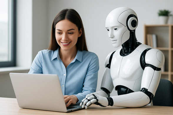 A young woman smiles while working on a laptop beside a humanoid robot in a modern office, symbolizing AI and human collaboration.