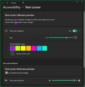 The Windows 11 settings screen, showing controls and examples for any caret changes.