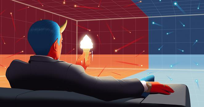 An illustration of a man with devil horns eating ice cream while looking at hot and cold gases in two compartments of a box.