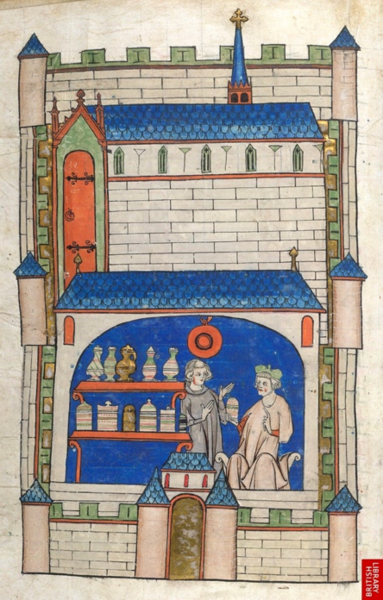Fourteenth-century manuscript illumination of an apothecary's shop on the ground floor of a castle-like building, probably meant to represent Paris. From British Library manuscript Sloane 1977, a copy of the "Antidotarium Magnum". An apothecary holds a drug jar while talking to a customer, and behind them are shelves lined with other, highly decorated drug jars. Both figures wear long clerical robes and the apothecary wears a green hat typical of scholars in this period of medieval history.