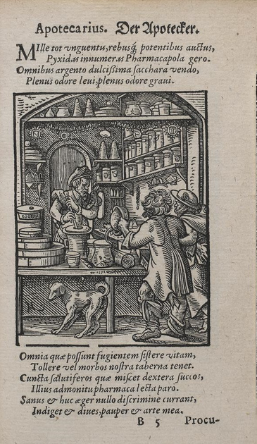 A printed engraving made in 1568 by Jost Amman, labelled "Apotecarius, Der Apotecker", meaning “The Apothecary”. It shows a pharmacist grinding medicines in a large mortar in a busy and crowded pharmacy shop. In front of the counter are a dog and two customers, with their backs turned, looking at bottles and ingredients. The image is surrounded by a Latin poem in ten lines describing the skills and achievements of an apothecary.