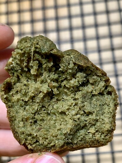 Pic is cross section of green muffin with black rack in background. It is green fluffy and moist. 