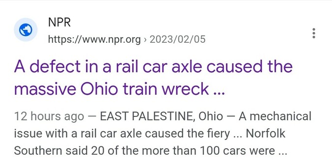 Headline: "A defect in a rail car axle caused the massive Ohio train wreck..."