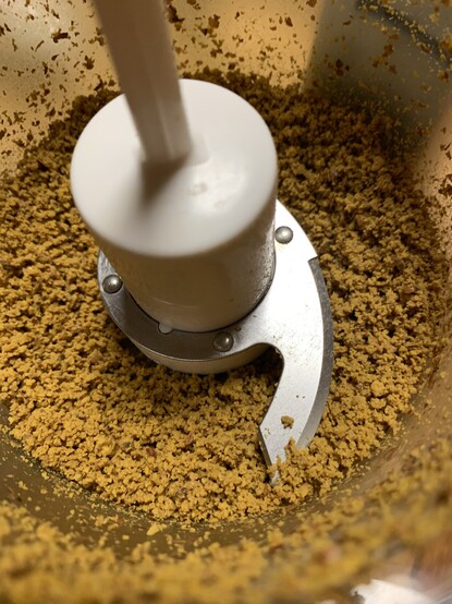 Image shows acorns after being chopped into small kinerbles. 