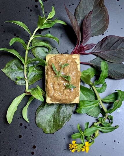 On a black speckled plate, a wild whirligig of branches! To the left are rounded Okinawa spinach leaves at the very bottom. On to top left is a young branch of Mexican tarragon. On the top right is the rose-tinted Red Hopi Amaranth. On the bottom right is a blooming branch of the tarragon, its flowers a sunflower yellow! Sitting over this spiral of verdancy is a broiled rectangle of tofu. The tofu has been coated with a miso acorn dengaku. On top of the dengaku is blooming summer savory, the flowers a pale lavender. Glorious! 