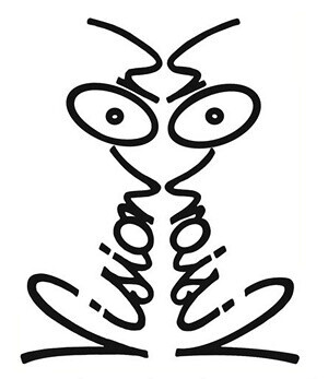 Logo for the TV series "Vision On", a British TV programme for deaf people, broadcast in the 1960s and early 1970s.  The logo consists of the programme title "Vision On", upended and a mirror image of the same. The logo resmbles a small insect similar to an ant, with antenae, large eyes, and large feet.