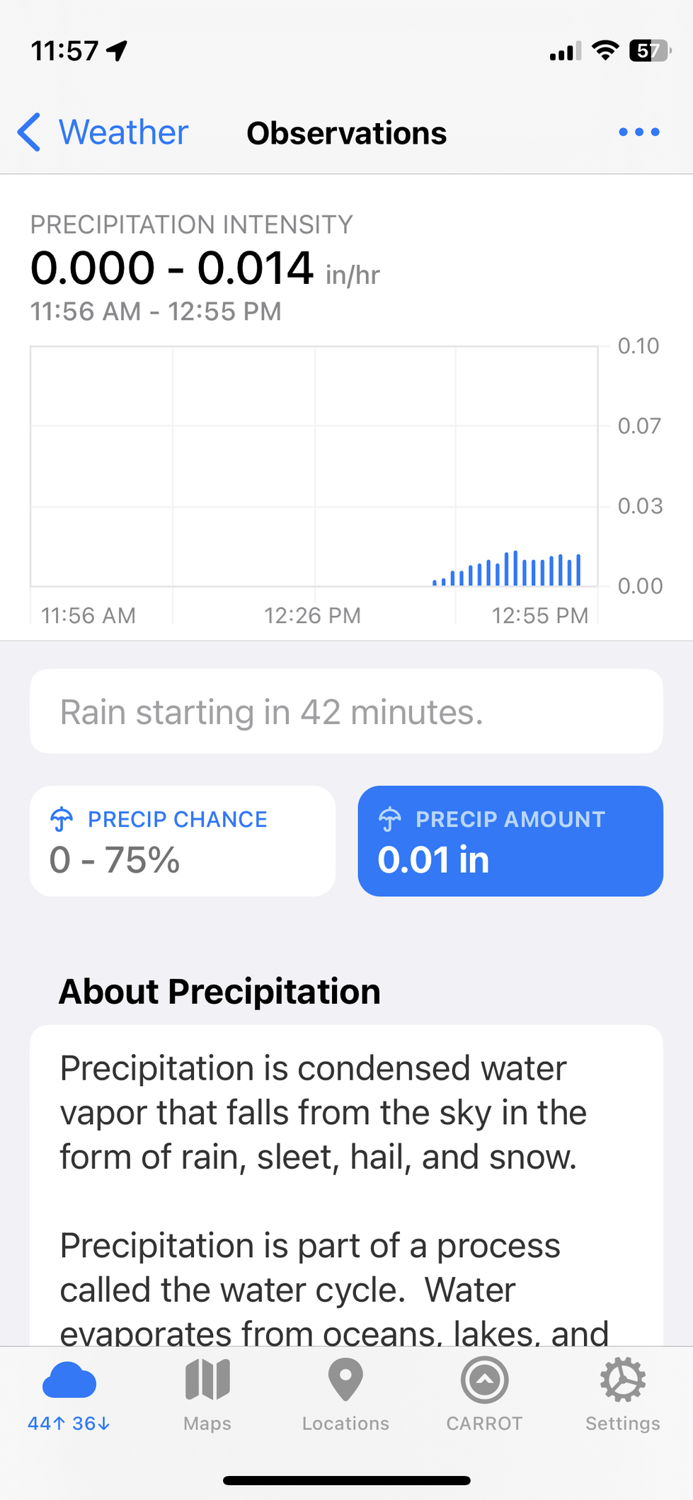 a more detailed view of next-hour precipitation with a minute-ly interval and a description underneath it