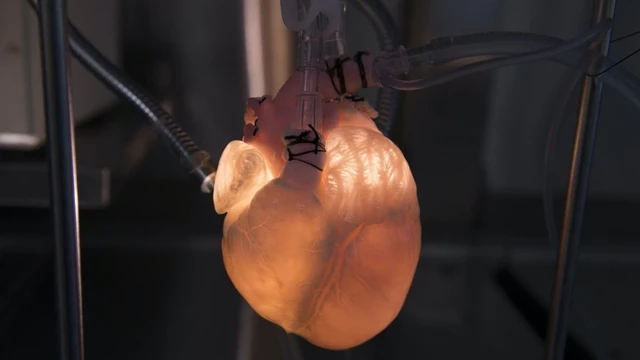 A white heart that appears to be glowing from the inside out, hooked to various tubes and pumps. 