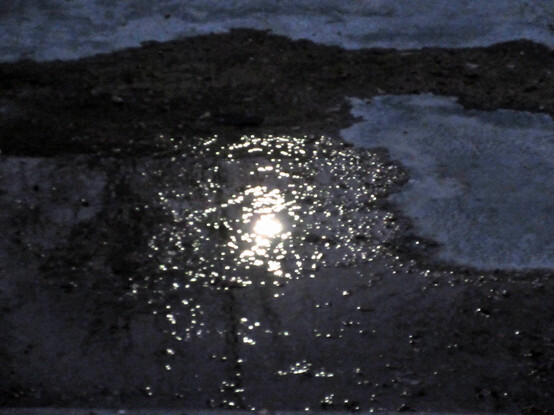The full moon is reflected with many sparkles in shallow water.
The water is black, and dry areas are a deep violet.
It's the bottom of the concrete ditch for Martinez Creek. No creek flows here. It's storm overflow. I have seen it filled four feet deep after a whomping rain.