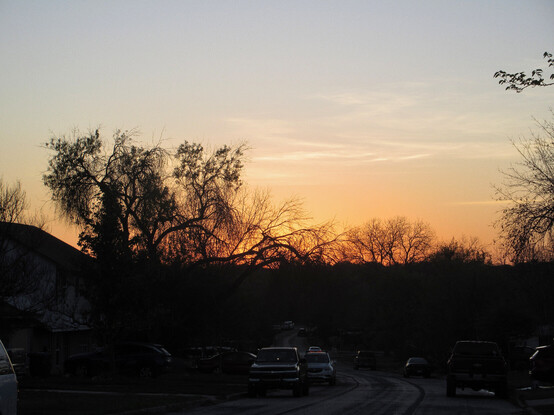 Wispy white streaks of light cloud high up. The sky is going to gray with a hint of blue left. A dusty orange glow behind dark silhouettes of tree branches.
Faint outlines of cars line a curving residential street with small houses.