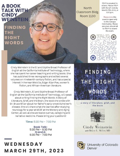 flyer with picture of Cindy Weinstein and cover of Finding the Right Words. The talk will be at 5:30 on 3.29.