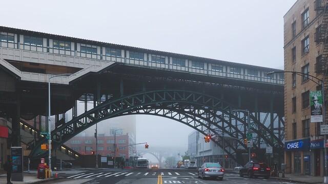 Looking north-west from the middle of W 125th Street and Old Broadway towards the elevated No 1 subway train station during a spring foggy morning.

Manhattanville, NYC (2022)