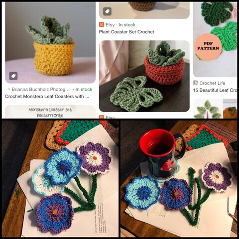 A trio of pictures. The top one is a screen shot of a google image search of leaf coasters with a pot. The bottom two are four colorful flower coasters I crocheted. They are attached to green stems via an orange button.  Two are laying next the stems, one with a Red Sox coffee mug sitting on it. #GoSox
