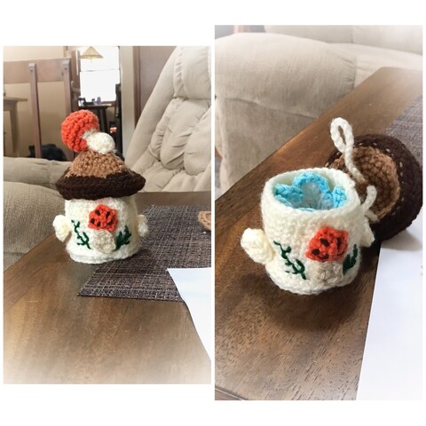 Side by side photos of two small crocheted canisters decorated with mushrooms in the old style of a sears ceramic mushroom canister. One image shows the lid off so the canister can be filled.