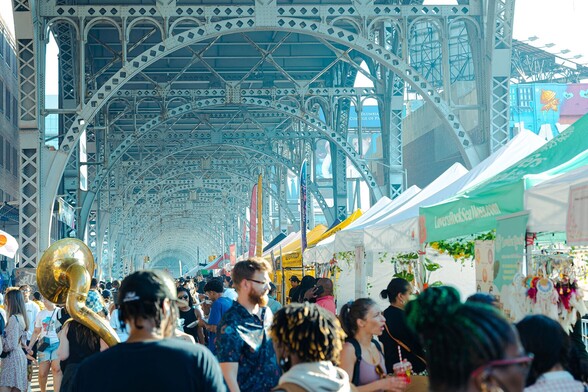 Looking south from under the Riverside Drive Viaduct between W 134th and W 135th Streets, during the first Uptown Night Market of it's third season in West Harlem.

Manhattanville, NYC (2023)