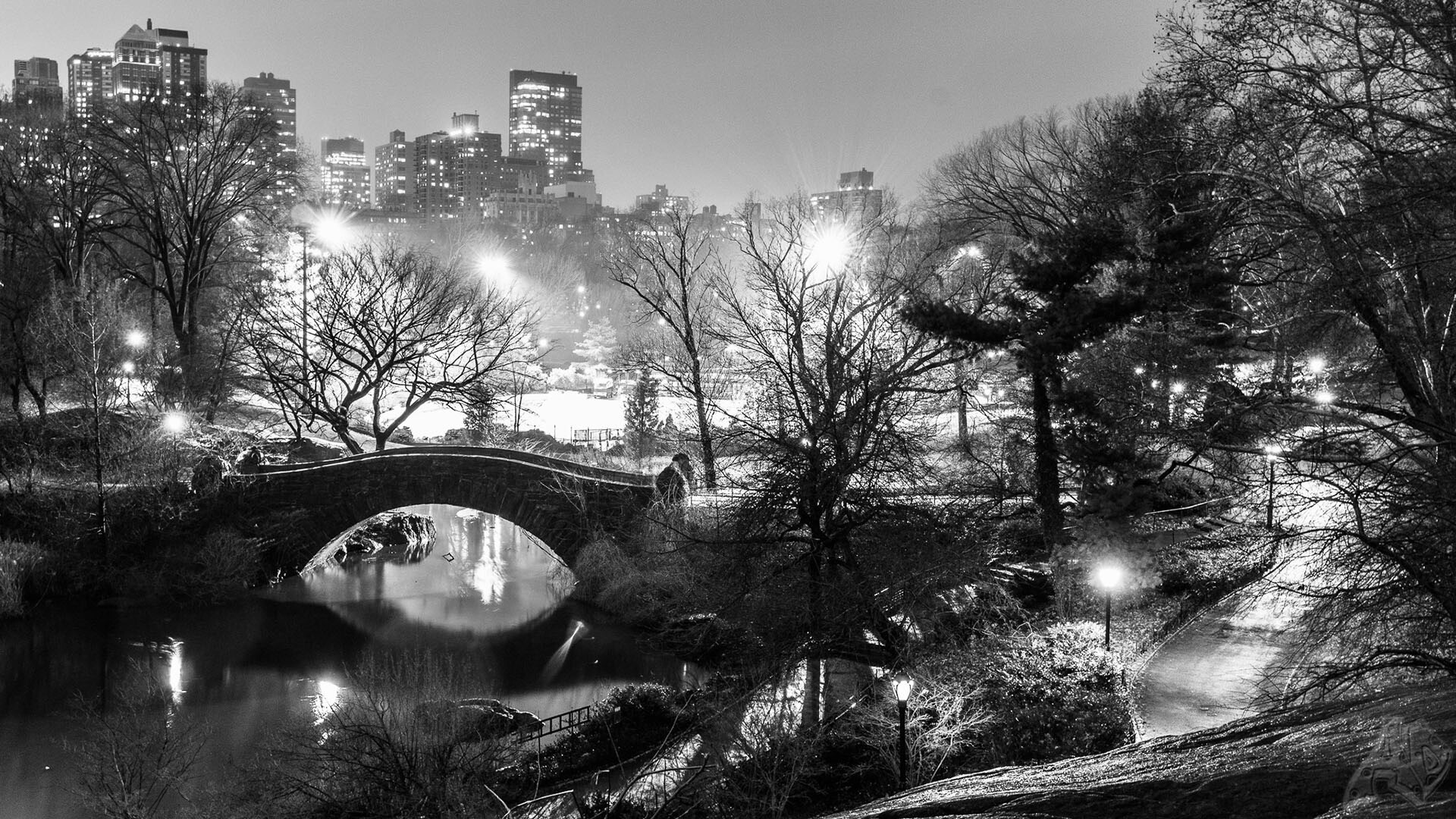 A black and white photograph overlooking The Gapstow Bridge and The Pond on a winter evening, taken from The Big Rock.

Central Park, NYC (2015)