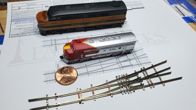 N scale and Z scale locomotives next to a penny and my first handlaid Z scale turnout