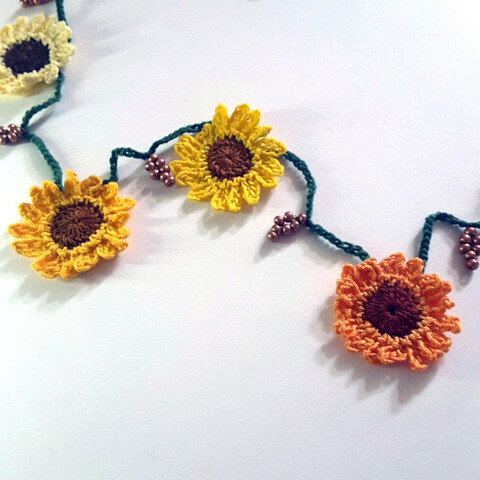 Crochet Sunflower Garland with beaded leaf embellishment from Bead Monster