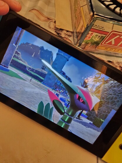 A photo of a Nintendo Switch screen displaying a closeup of Iron Leaves in Mesagoza