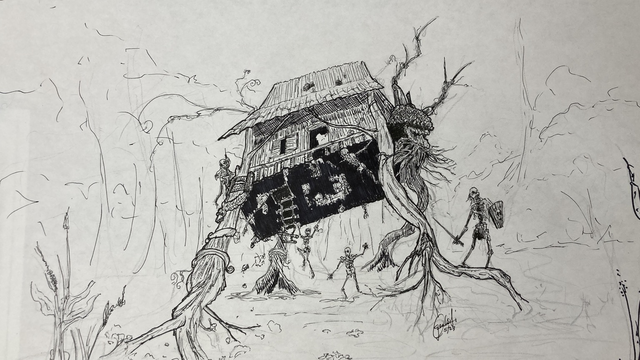 A pen drawing of a giant walking swamp hut with skeleton minions around it