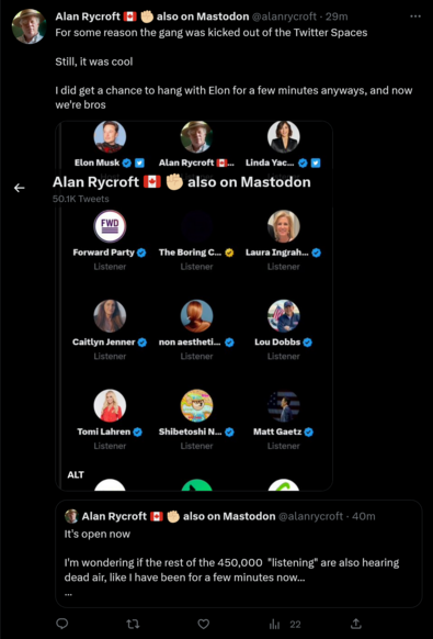 Hey check out this pic of us new bros, Elon Musk and Alan Rycroft, hanging in Twitter Space! Just chit chatting about social media and stuff. Awesome!