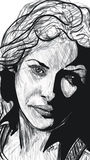 A pencil and ink digital drawing of a woman’s face ￼