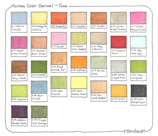 Tucson Color Journal for June - watercolor art with 30 squares of color representing the colors of nature I saw in/from my yard in Tucson, AZ, USA in June including trees, wildflowers, cacti, animals, birds, insects, reptiles, skies & clouds.